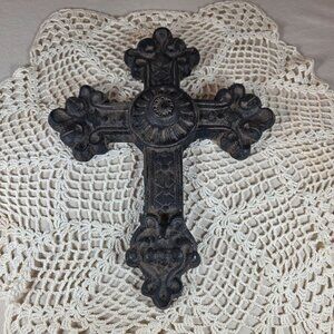 Rustic Black Ornate Wall Cross Decor With Intricate Details & Distressed Finish